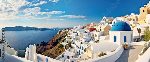 Awe-Inspiring Beauty, Captivating Panorama of the Enchanting Village of Oia. Generative AI