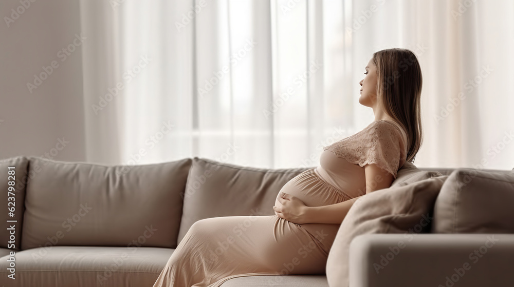 Young beautiful woman on second trimester of pregnancy. Pregnant female on the couch wearing beige dress with arms on her round belly. Young beautiful woman on second trimester of pregnancy. Pregnant female on the couch wearing beige dress with arms on her round belly.