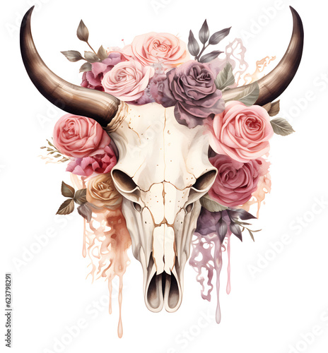 bull skull with horns and flowers AI GENERATIVE