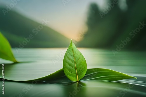 Beautifull drops of water drippng from awesome greeen leaves genrative ai technolgy very beautifull hd picture of water drops and also with green background color photo