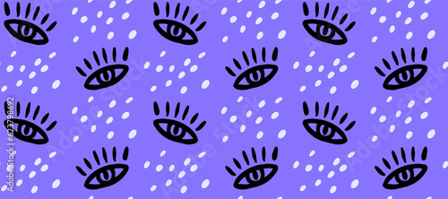 Eyes seamless pattern, hand drawn ink eyes on blue background, print for fabric and paper