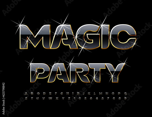 Vector luxury invitation Magic Party. Mystery Font with sparkling Stars. Elegant Black  Alphabet Letter and Numbers