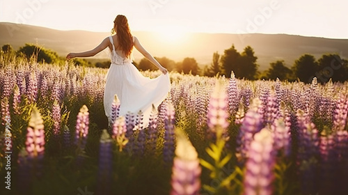 A Stunning Bride's Solo Dance Amidst Lupine Fields at Sunset. Generative AI