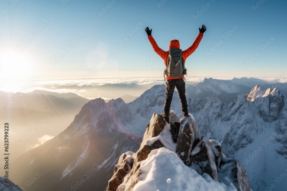 Mountain climber celebrating success on top of mountain