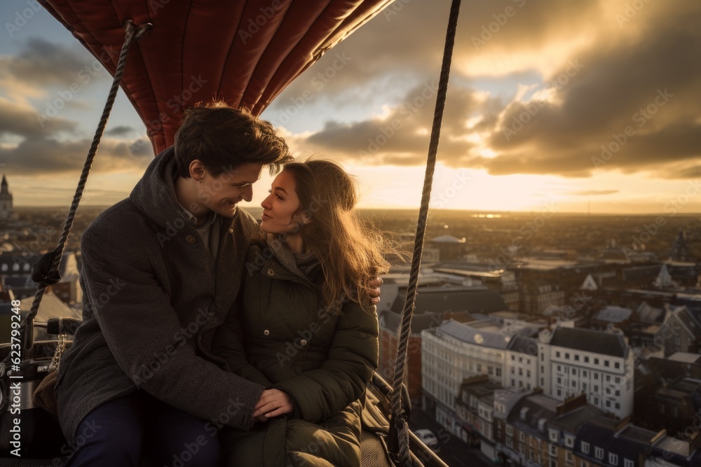 Two young lovers in a hot air balloon over London. Generative AI 3