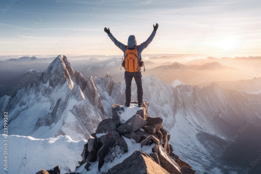 Mountain climber celebrating success on top of mountain. Generative AI 2
