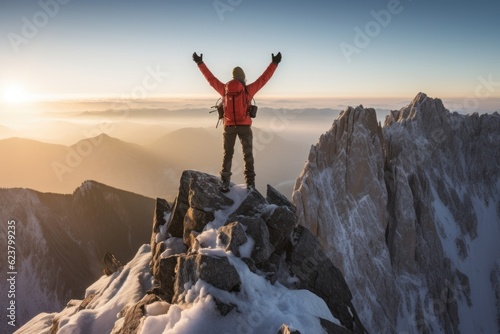 Mountain climber celebrating success on top of mountain. Generative AI © MaVeRa