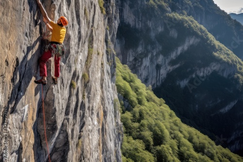 Extreme climber climbs a vertical wall in the Italian Alps during the summer season. Generative AI