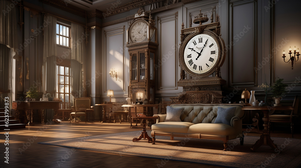 a living room with a clock hanging on a very high wall