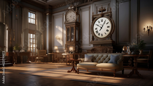 a living room with a clock hanging on a very high wall