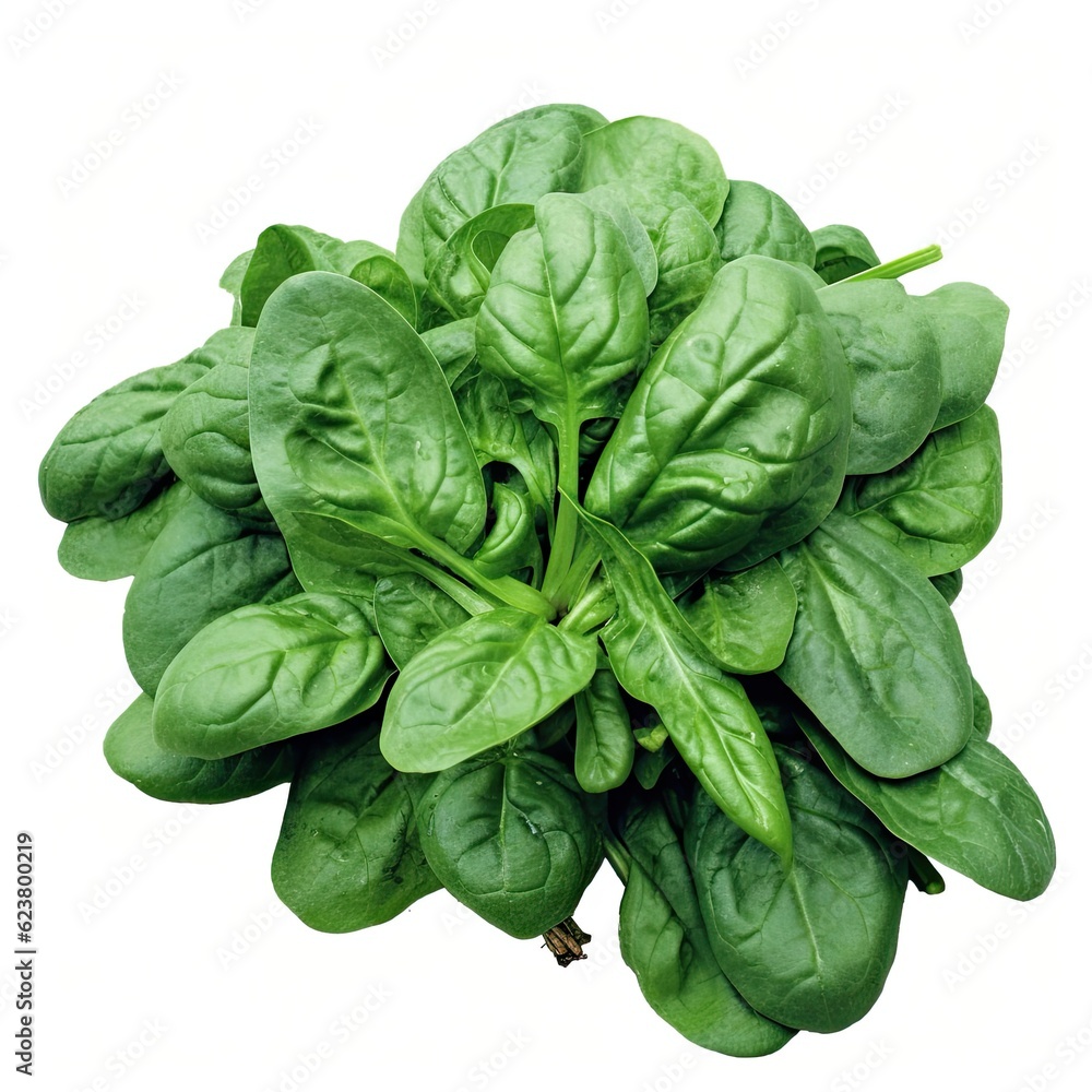 A bunch of spinach leaves on a white background. Generative AI. A bunch of spinach leaves on a white background. Generative AI.