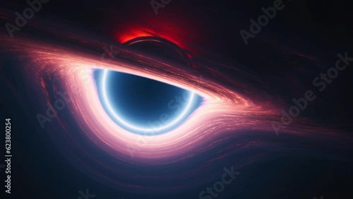 Interstellar black hole in outer cosmos. Giant singularity with glowing rotating accretion disk. Concept 3d animation tracking wide shot. Cosmos around wormhole warps in curved space and space-time. photo