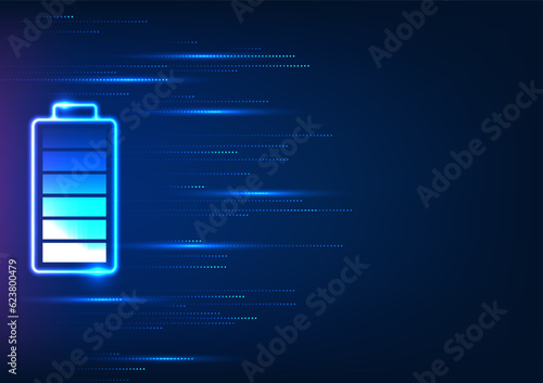 Battery technology with sideways streaks The concept of transferring the energy contained in the battery to electrical devices continues to work. Vector technology illustration in blue tones.
