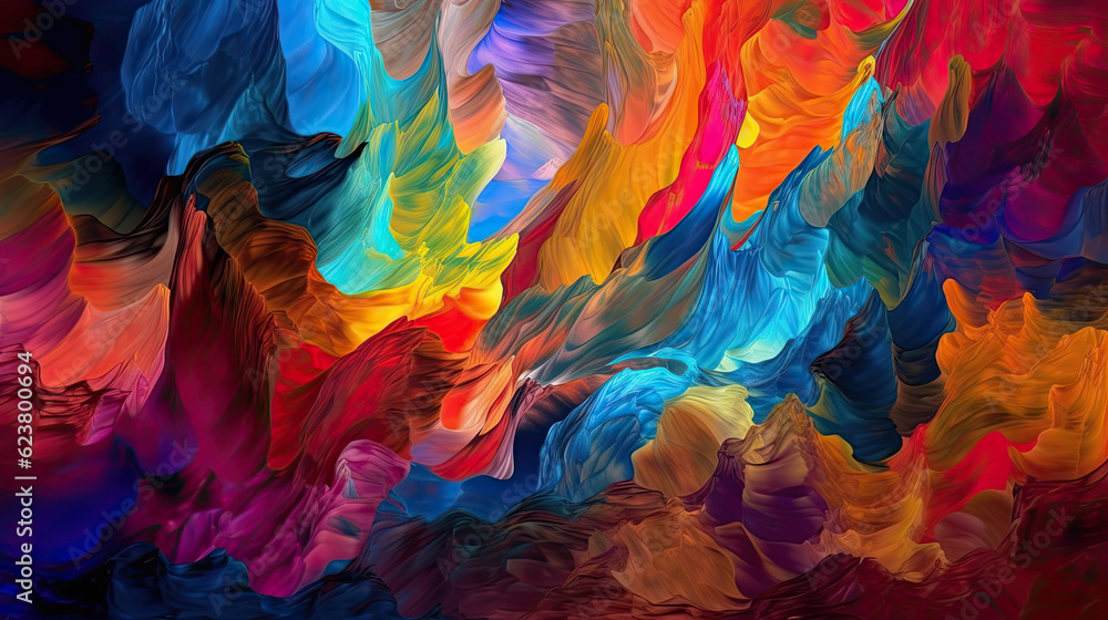 Colourful rainbow abstract artwork, a cursive bright-coloured mountain.