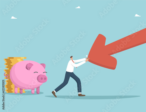 Resist recession and economic crisis, strategy and plan during market downturn, overcome financial hardship and bankruptcy, investment riskiness, inflation, man stop arrow and protect piggy bank.
