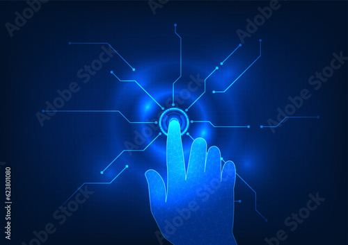 Fingers are pressing buttons and showing technology circuits on grid pattern background. The concept of human beings is behind the development of technology to help benefit and grow the business.