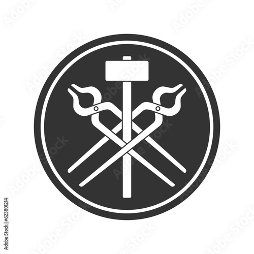 Blacksmith shop graphic logo. Blacksmith tools  in the circle sign isolated on white background. Smithy symbol. Vector illustration