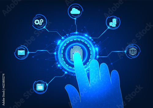 Security technology Finger scanning fingerprint surrounded by a technology circle with icon Represents a security technology that uses fingerprint scanning to provide access to an individual's data.