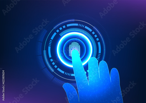 Security technology with fingerprint scanning The fingerprint is inside the technology circle with a hand coming in to scan it. Technology that provides identification before accessing data.