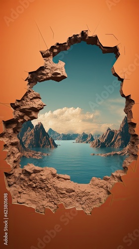 A hole in the wall with a view of the ocean. Generative AI.