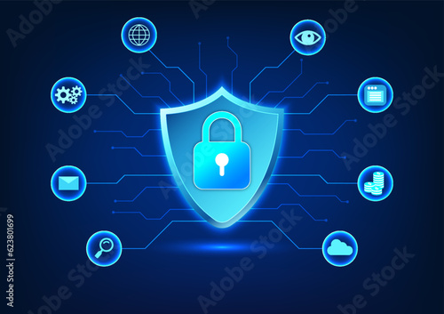Security technology There is a shield and a lock inside with a circuit that connects to smart technology. Refers to technology that protects cyber data from leakage or loss.