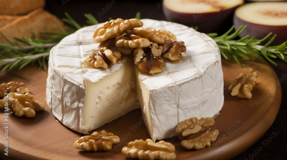 Fototapeta premium Brie cheese with walnuts, Generative Ai
