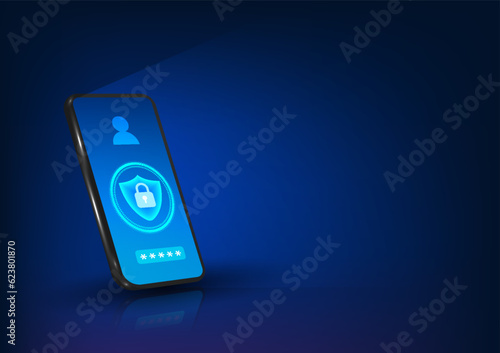 Smart phone technology Mobile screen with shield and lock with technology circle Refers to the security technology in the phone that protects the data and viruses from entering the phone.
