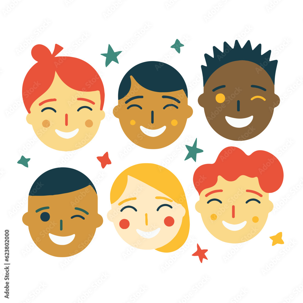 Six different children faces smiling and laughing, full of joy. Diverse group of school kids, boys and girls, simple vector illustration Six different children faces smiling and laughing, full of joy. Diverse group of school kids, boys and girls, simple vector illustration