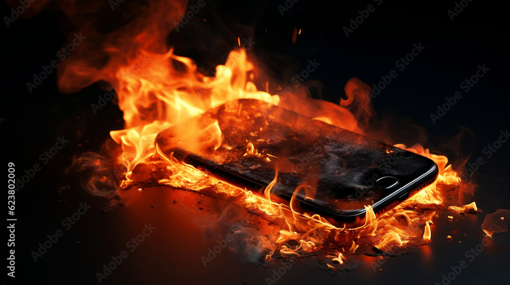 Burning smartphone. Mobile phone in fire, Generative Ai Stock ...