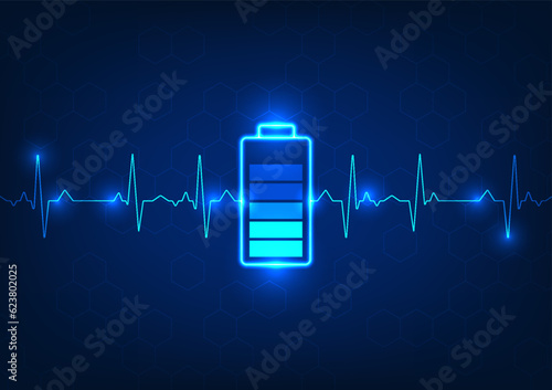 Battery technology and waves that overlap each other gracefully in a geometric pattern background. Refers to the use of electricity into the battery to provide full power. It's a vector illustration.