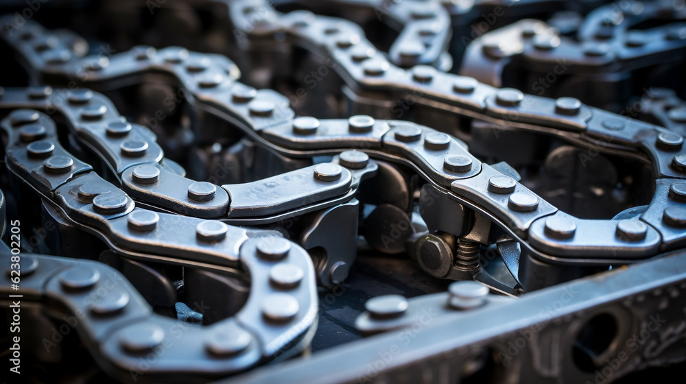 Chain in cut metal car engine part, Generative Ai