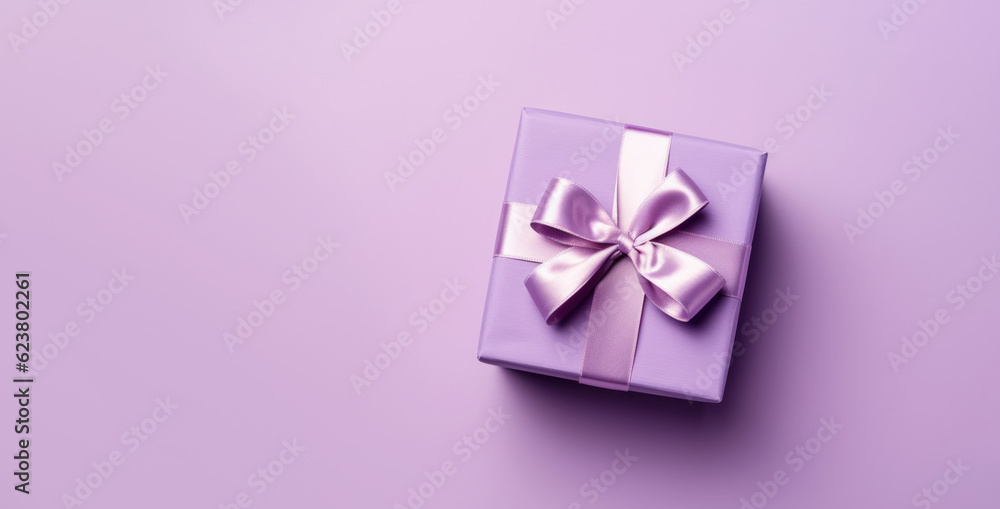 Banner with purpure gift box with ribbon and bow isolated on purpure background.Holiday gift with Birthday or Christmas present, flat lay, top view, happy mother day copy space. Generated by AI Banner with purpure gift box with ribbon and bow isolated on purpure background.Holiday gift with Birthday or Christmas present, flat lay, top view, happy mother day copy space. Generated by AI