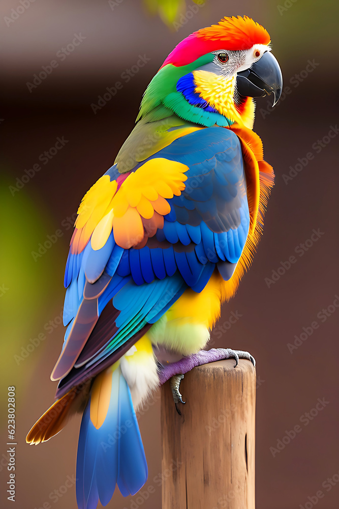 Fototapeta premium The vibrant parrot perched on a branch. Generative AI