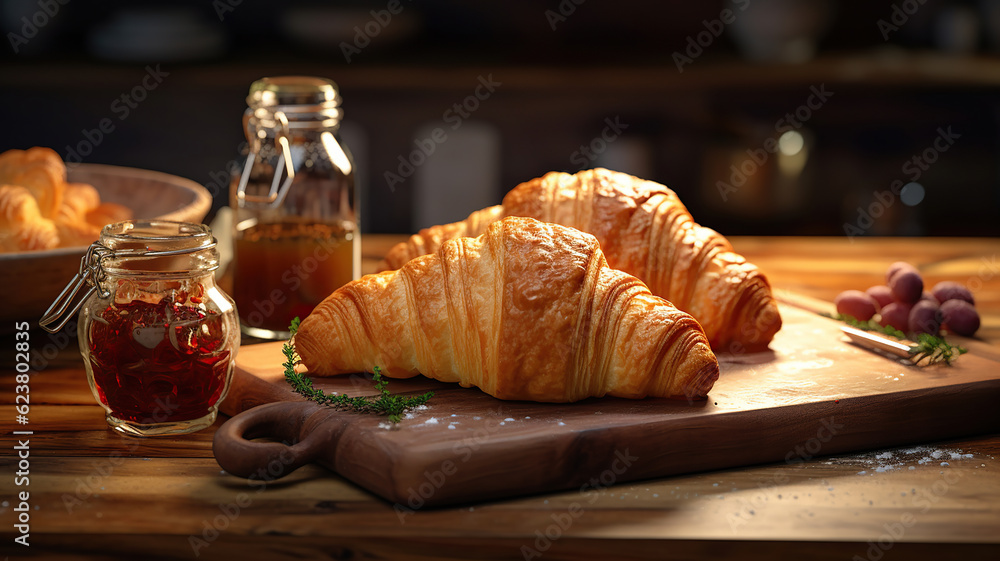 Traditional Croissants, Jam, and a Wooden Setting Traditional Croissants, Jam, and a Wooden Setting