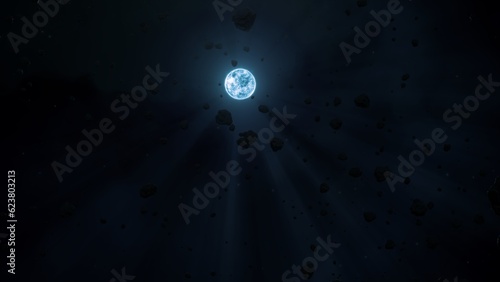 White Dwarf Star Sirius B with Barren Dark Zero Gravity Floating Asteroid Field