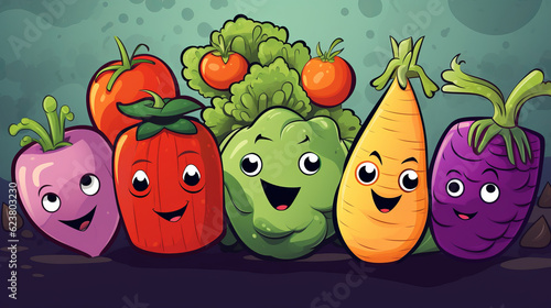 Bunch of colored cartoon vegetables characters on green background
