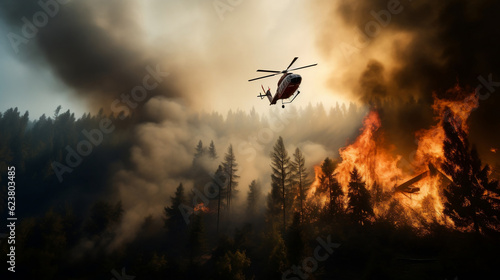Foto Fire helicopter extinguishes forest, Generative Ai
