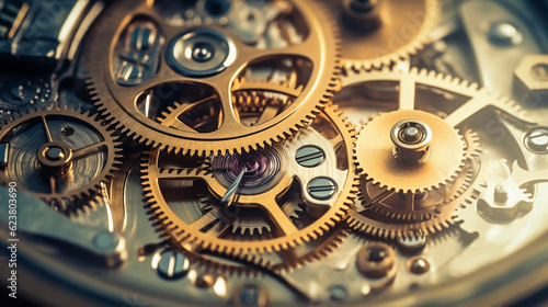 Gears and cogs in clockwork watch mechanism, Generative Ai