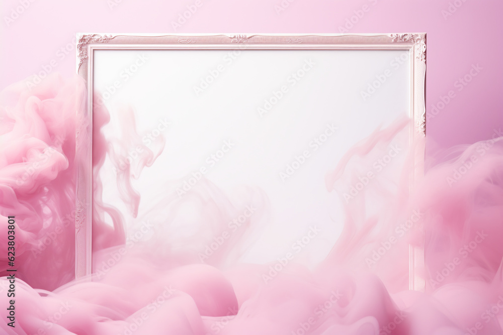 Obraz premium white picture frame with blank canvas with pink smoke on a pink background, AI generated