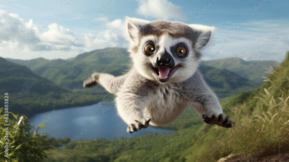 Obraz premium Lemur flying in the air with smile on his face with mountain and lake in background