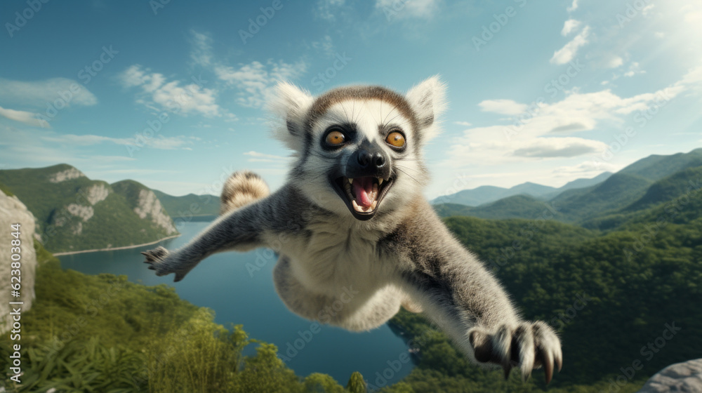 Obraz premium Lemur flying in the air with smile on his face with mountain and lake in background