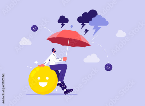 Businessman holding umbrella and protecting positive emotion, motivation, keeping a good mood, mental health, optimism, psychology of positive thinking