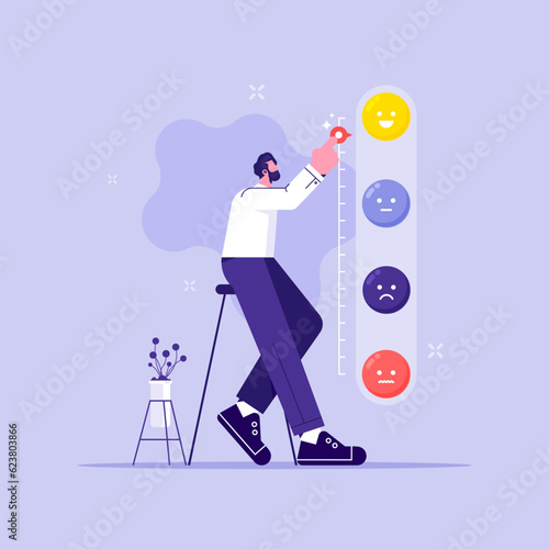 User feedback and rating Customer feedback concept, man trying to push customer feedback bar to be excellent smile