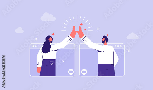 Video communication technology and video call concept, online communication and business meeting, , social networks, people give each other five on internet
