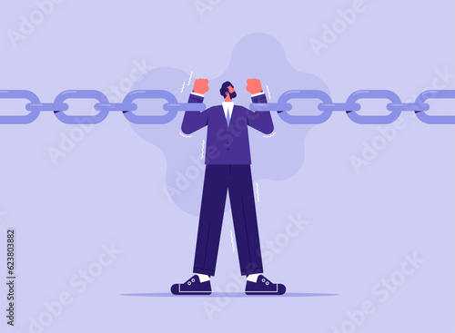 Weakness or conflict causing failure in business and investment concept, tried fatigue businessman trying to hold broken chain together