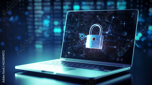 Wallpaper Mural Laptop with padlock. Password and scanning unlock and access to business data network. Cloud. Biometric identification and cyber security protect business transaction , Generative Ai Torontodigital.ca