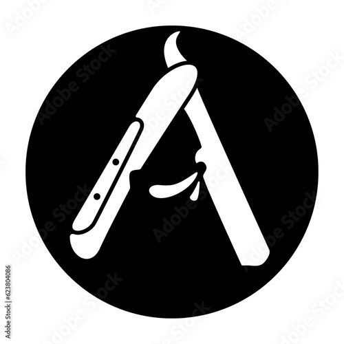 Straight razor, Last Judgement, symbol for the Apocalypse. I am the Alpha and the Omega! (Jesus words in Book of Revelation). Open razors (Letter Alpha) in a black circle (Omega). Crop circle pattern.