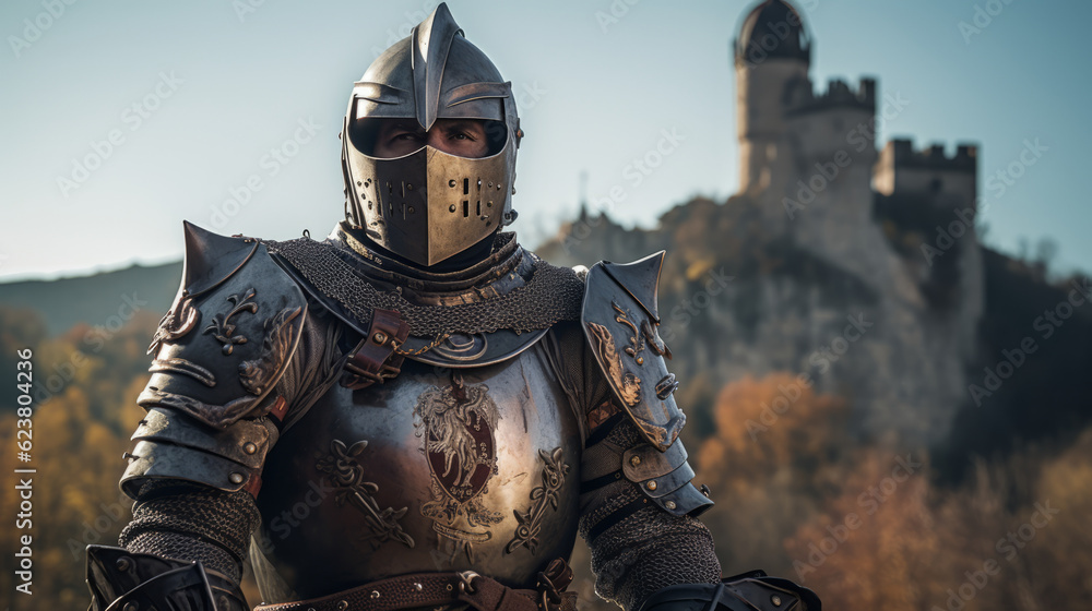 Medieval knight in shining armor standing in front of a castle in the background Medieval knight in shining armor standing in front of a castle in the background