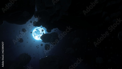 White dwarf star Sirius B with hostile rocky asteroid field. Concept 3D illustration astronomy wallpaper. Barren black iron rocks belt orbiting in space. Post supernova helium burning radiation winds.