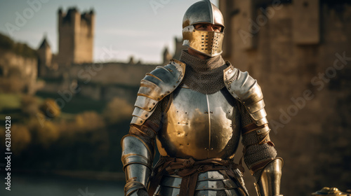 Fotografia Medieval knight in shining armor standing in front of a castle in the background